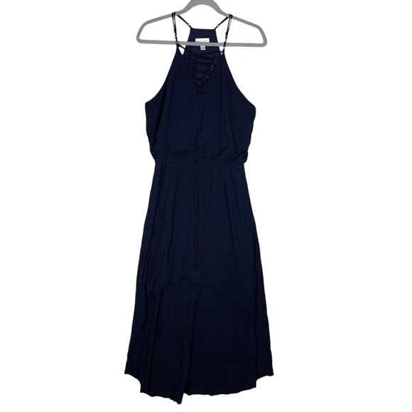 Bisou Bisou Michele Bohbot Maxi Dress Women's 14 Blue Lace-Up Front Belted Waist - Picture 1 of 13